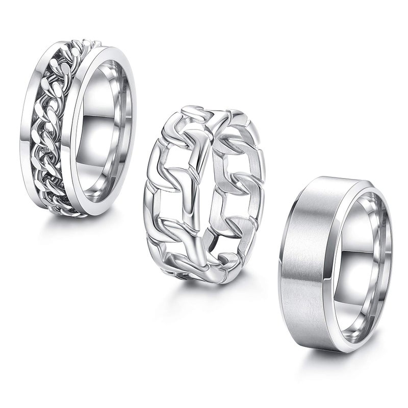 ORAZIO Mens Rings 3Pcs Silver Rings for Men Women Stainless Steel Plain Band Ring Cuban Link Chain Rings Spinner Ring Men's Promise Wedding Rings Set,Size 9 - Image 1